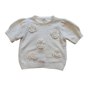 Greige Cream Short Sleeve Puff Sleeve Sweater 3D Floral Crochet Applique Medium